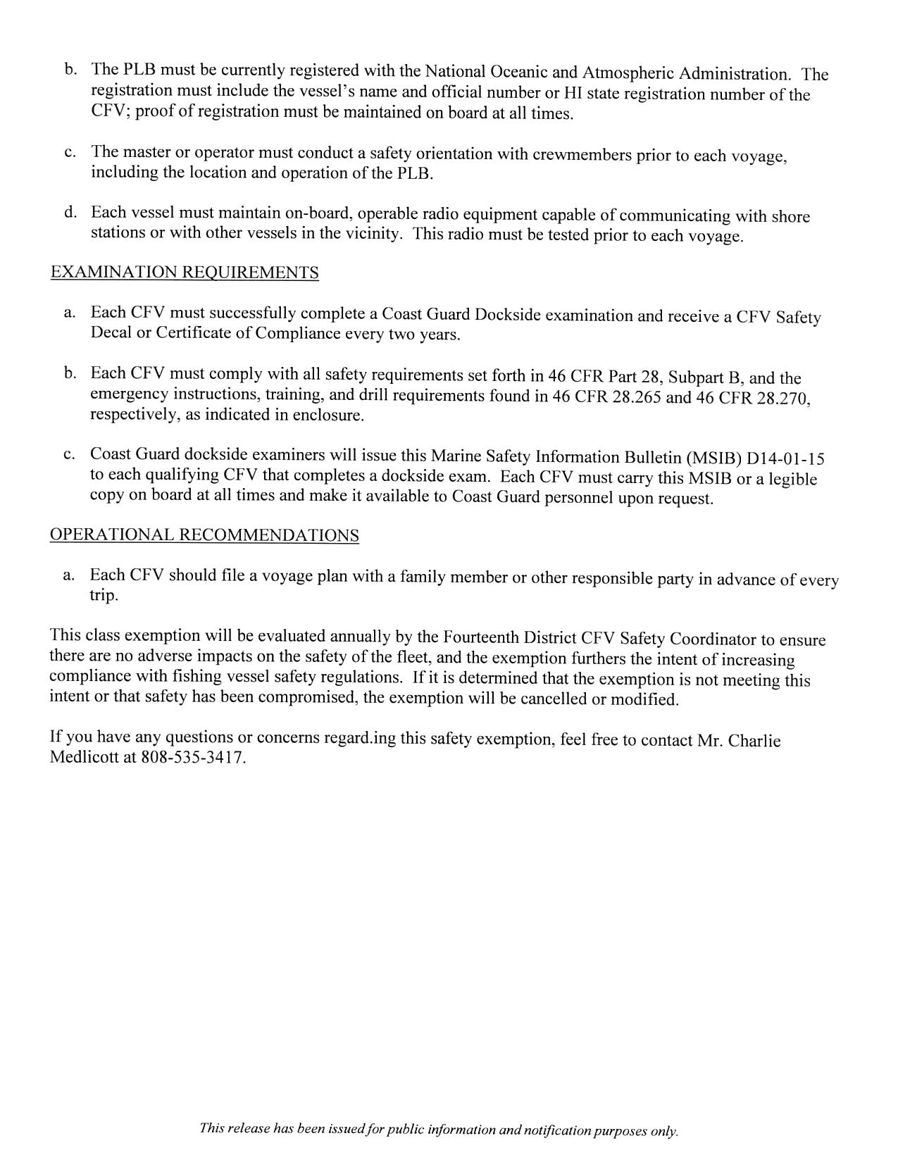 Image of applicable Marine Safety Information Bulletin