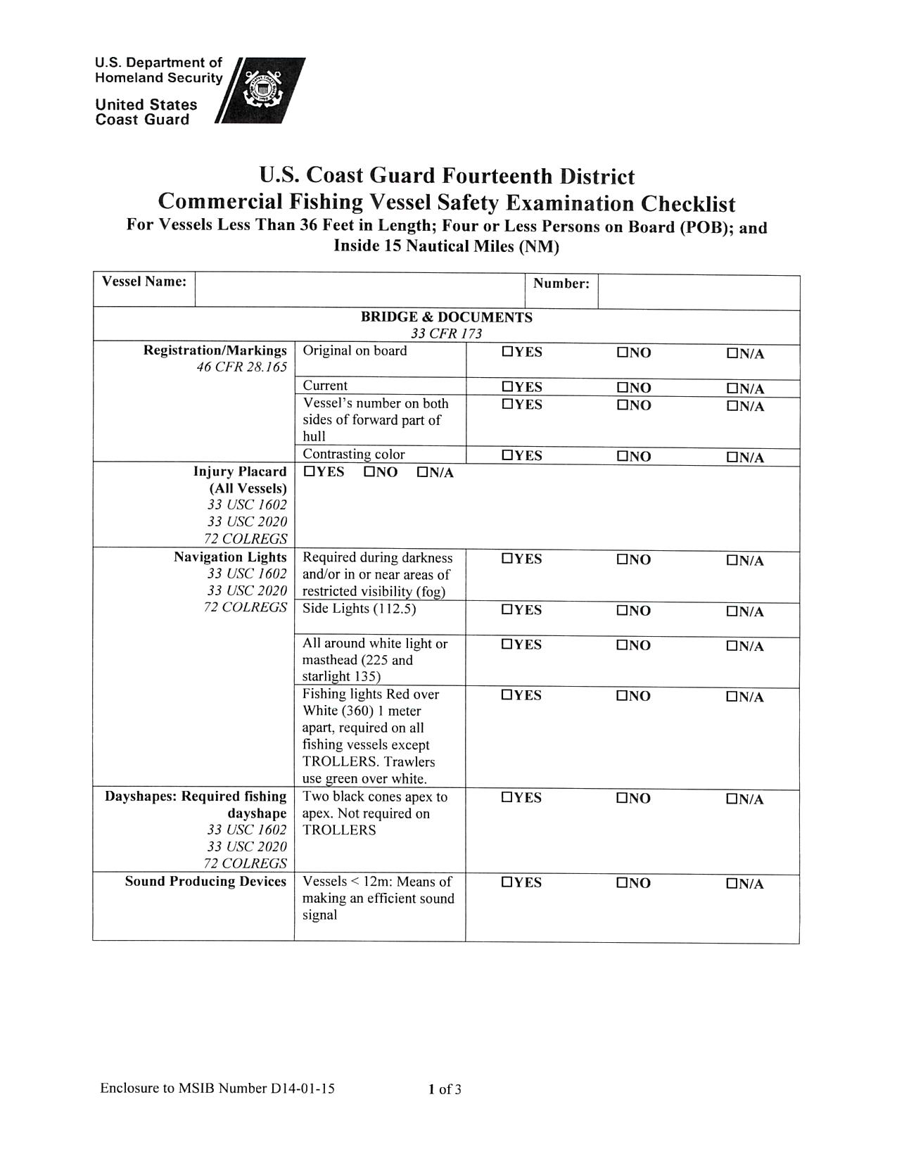 Image of applicable Marine Safety Information Bulletin